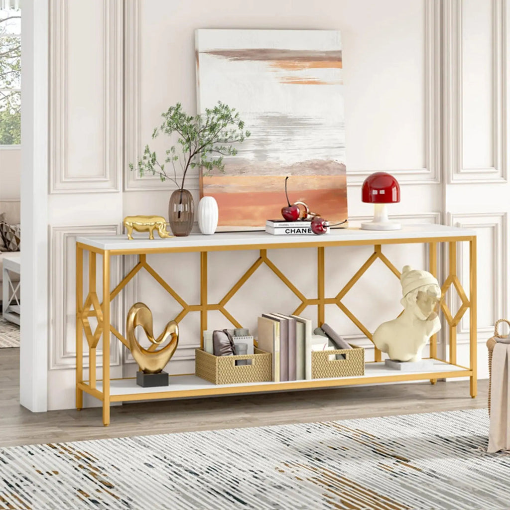 Extra Long White Gold Durable Marble 2 Tier Console Table - Decor Mantra 