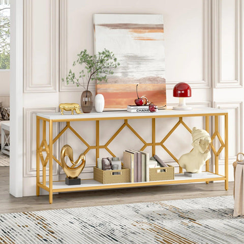 Extra Long White Gold Durable Marble 2 Tier Console Table - Decor Mantra 