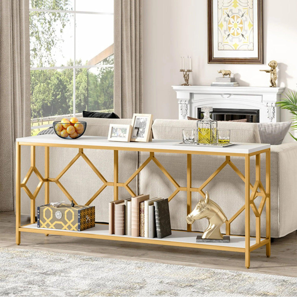 Extra Long White Gold Durable Marble 2 Tier Console Table - Decor Mantra 