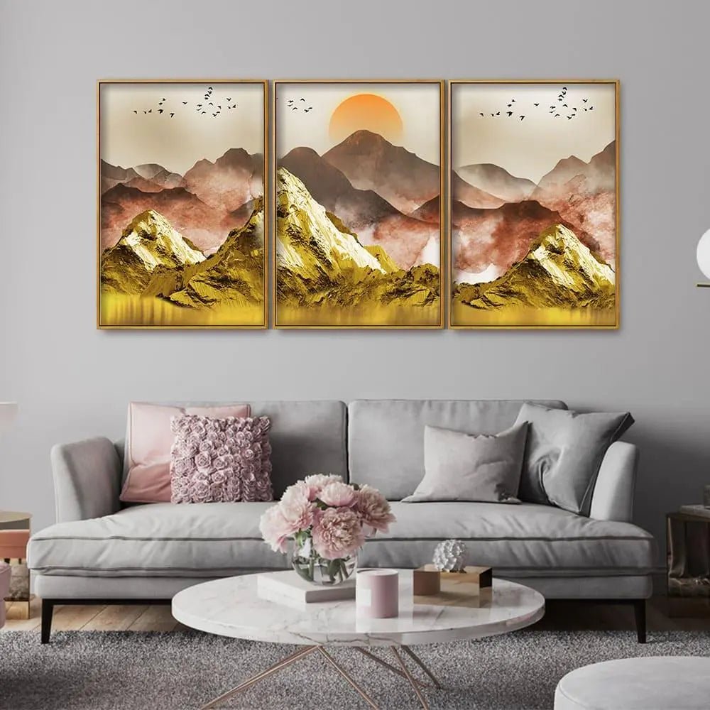 Golden Mountains and Birds Scenery Floating Canvas Wall Painting Set of Three - Decor Mantra 