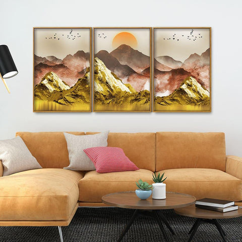Golden Mountains and Birds Scenery Floating Canvas Wall Painting Set of Three - Decor Mantra 