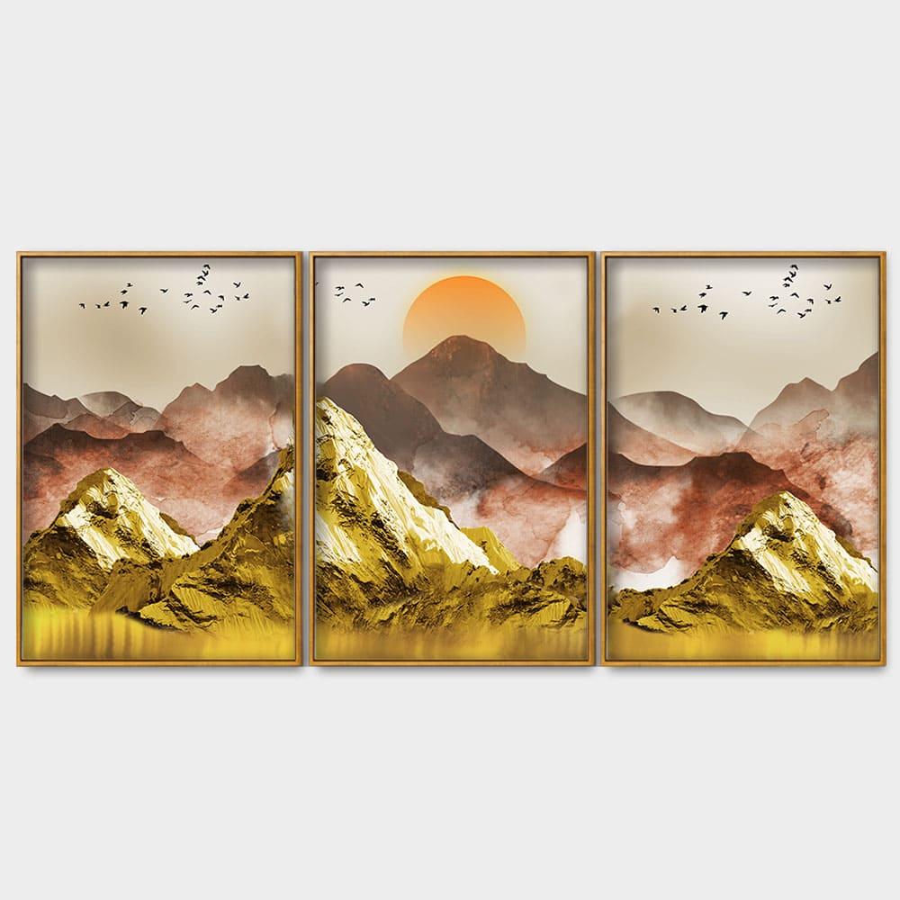 Golden Mountains and Birds Scenery Floating Canvas Wall Painting Set of Three - Decor Mantra 