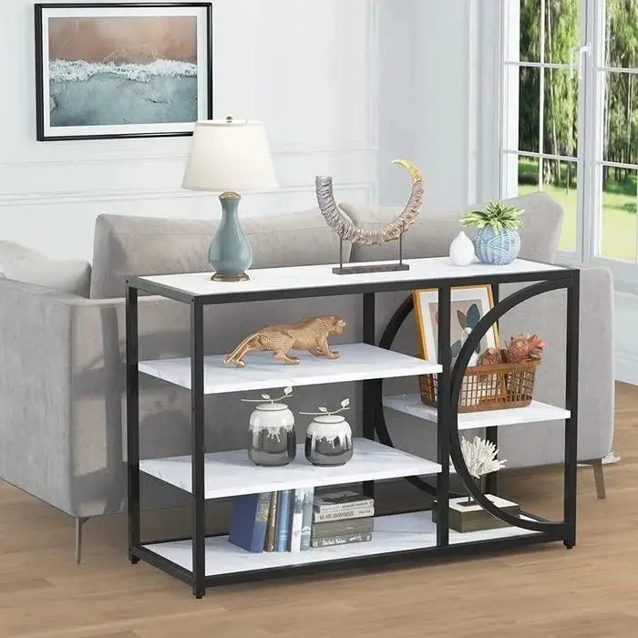 Five-Tier White Marble Black Console Table - Decor Mantra 