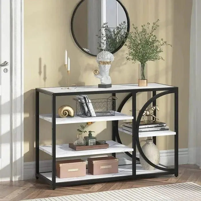 Five-Tier White Marble Black Console Table - Decor Mantra 