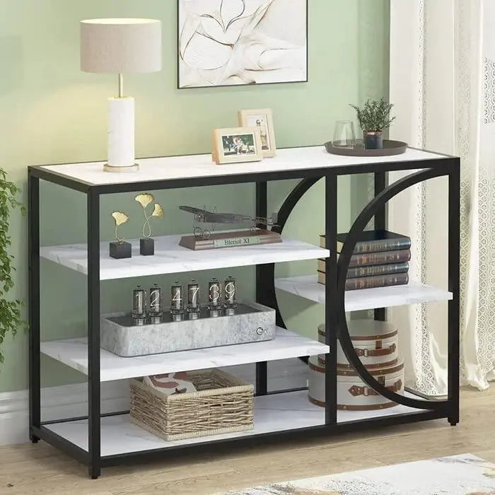 Five-Tier White Marble Black Console Table - Decor Mantra 