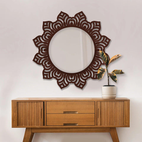 Floral Design Modern Decorative Round Wooden Wall Mirror - Decor Mantra 