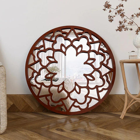 Floral Designer Circular Wooden Decorative Wall Mirror - Decor Mantra 