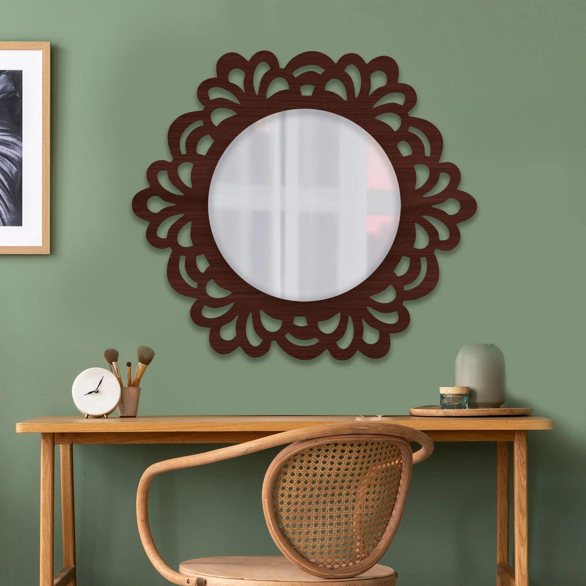 Floral Modern Design Decorative Round Wooden Wall Mirror - Decor Mantra 