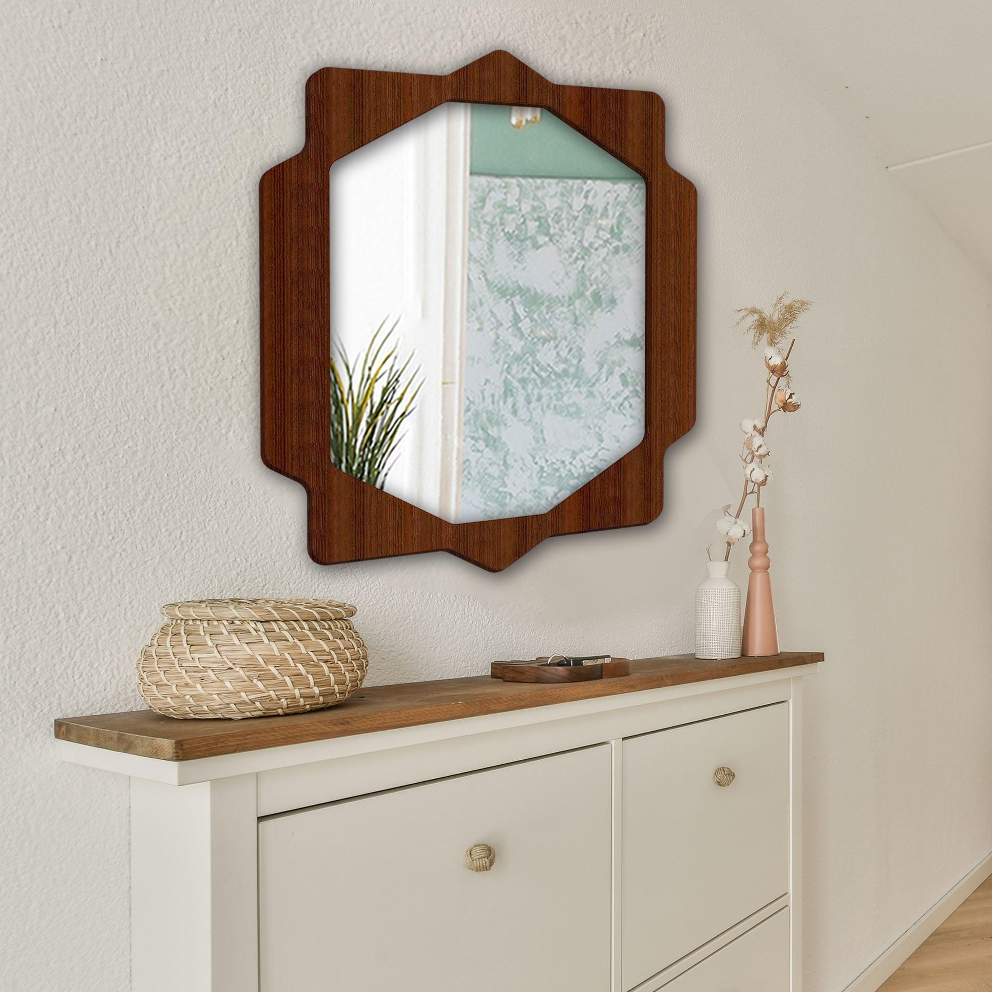 Geometrical Hexagon Shape Decorative Wooden Wall Mirror - Decor Mantra 