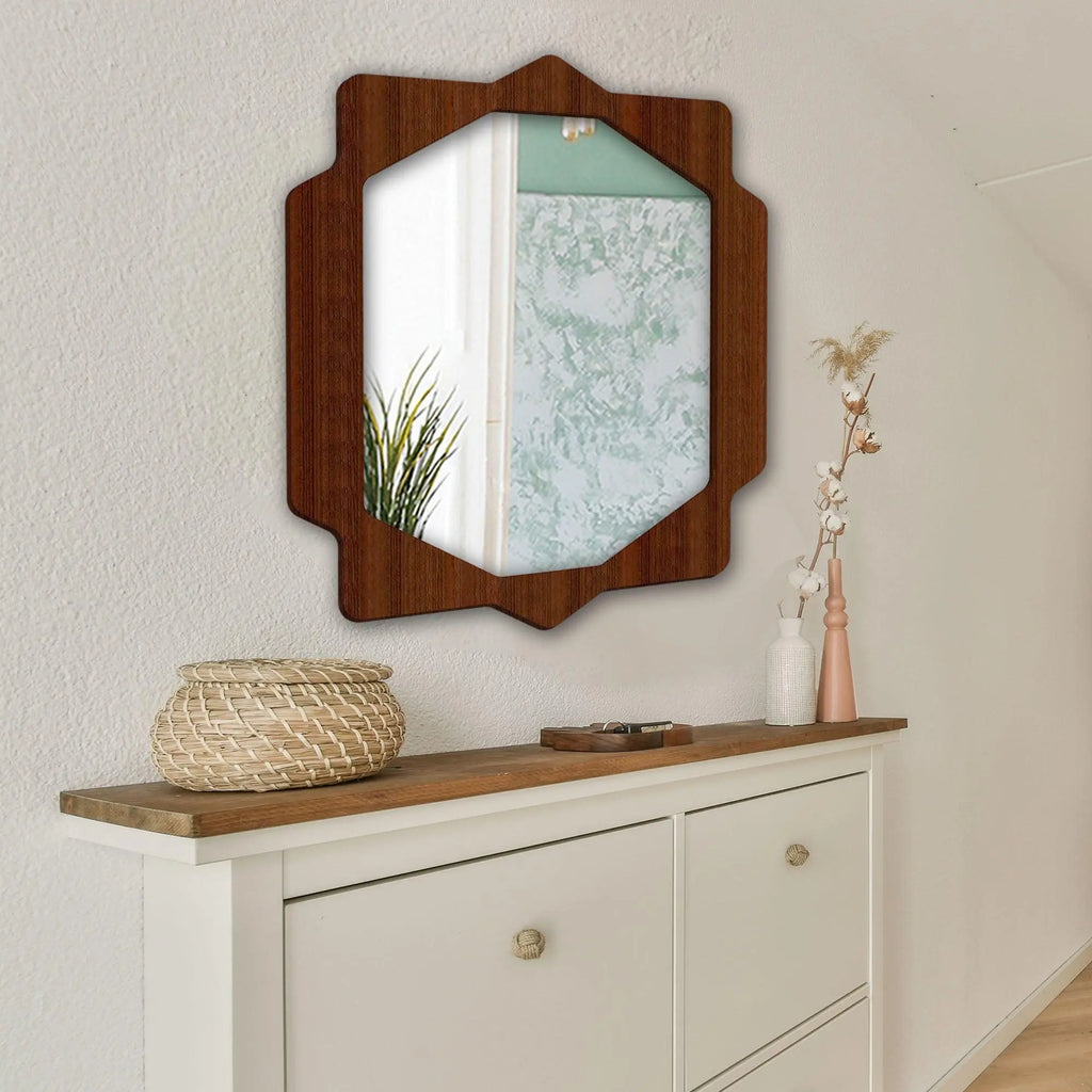 Geometrical Hexagon Shape Decorative Wooden Wall Mirror - Decor Mantra 