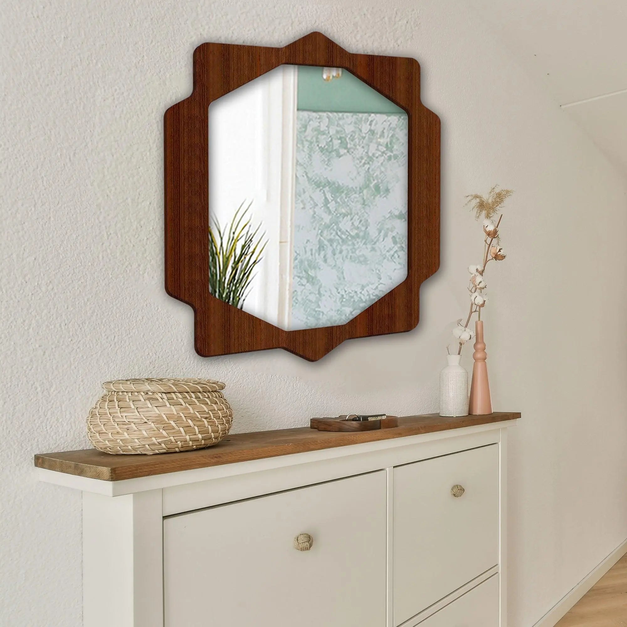 Geometrical Hexagon Shape Decorative Wooden Wall Mirror - Decor Mantra 