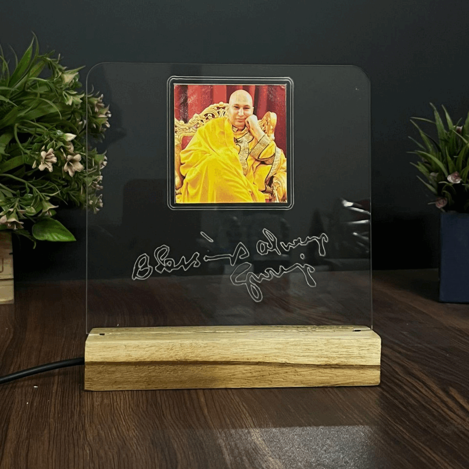 Guru JI Acrylic Photo Frame with Wooden LED Base – Personalized Gift Decor - Harshita Craft