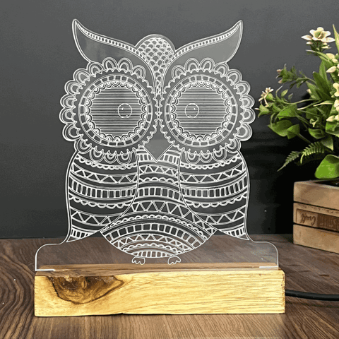 3D Illusion Owl Night Lamp – Acrylic LED Light with Wooden Base