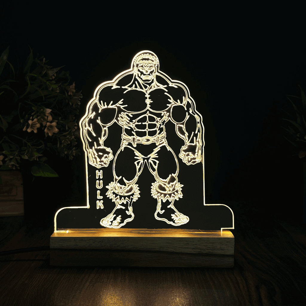 3D Illusion Hulk Night Lamp – Acrylic LED Light with Wooden Base - Harshita Craft