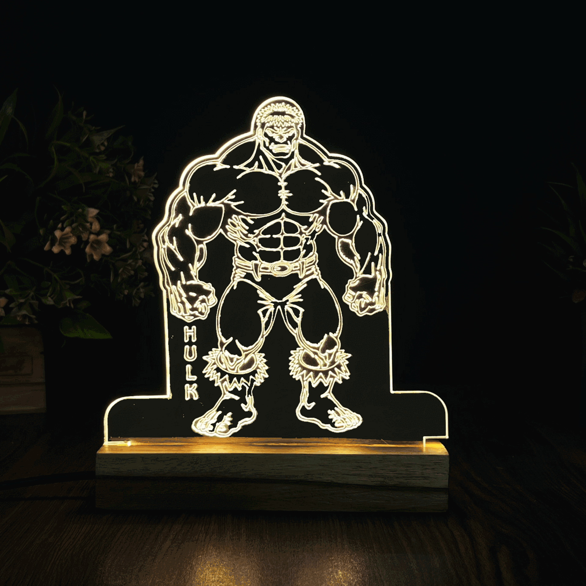 3D Illusion Hulk Night Lamp – Acrylic LED Light with Wooden Base - Harshita Craft