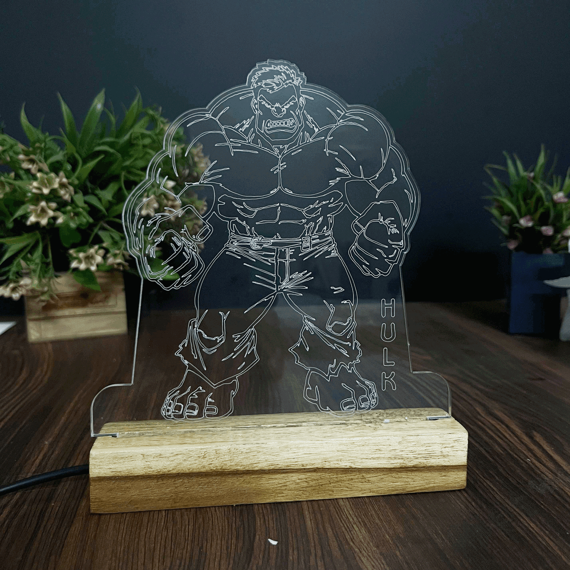3D Illusion Hulk Night Lamp – Acrylic LED Light with Wooden Base - Harshita Craft
