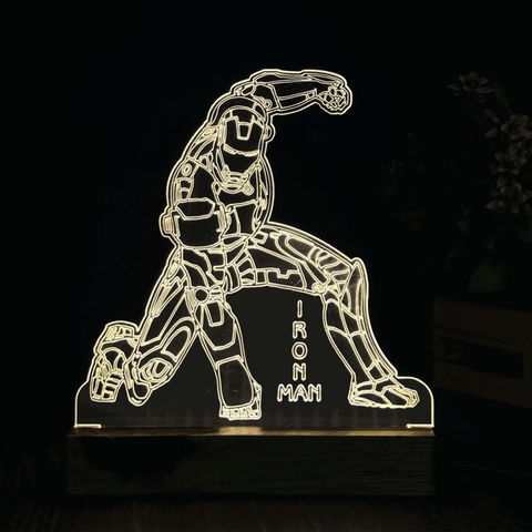 3D Illusion Iron Man Night Lamp – Acrylic LED Light with Wooden Base