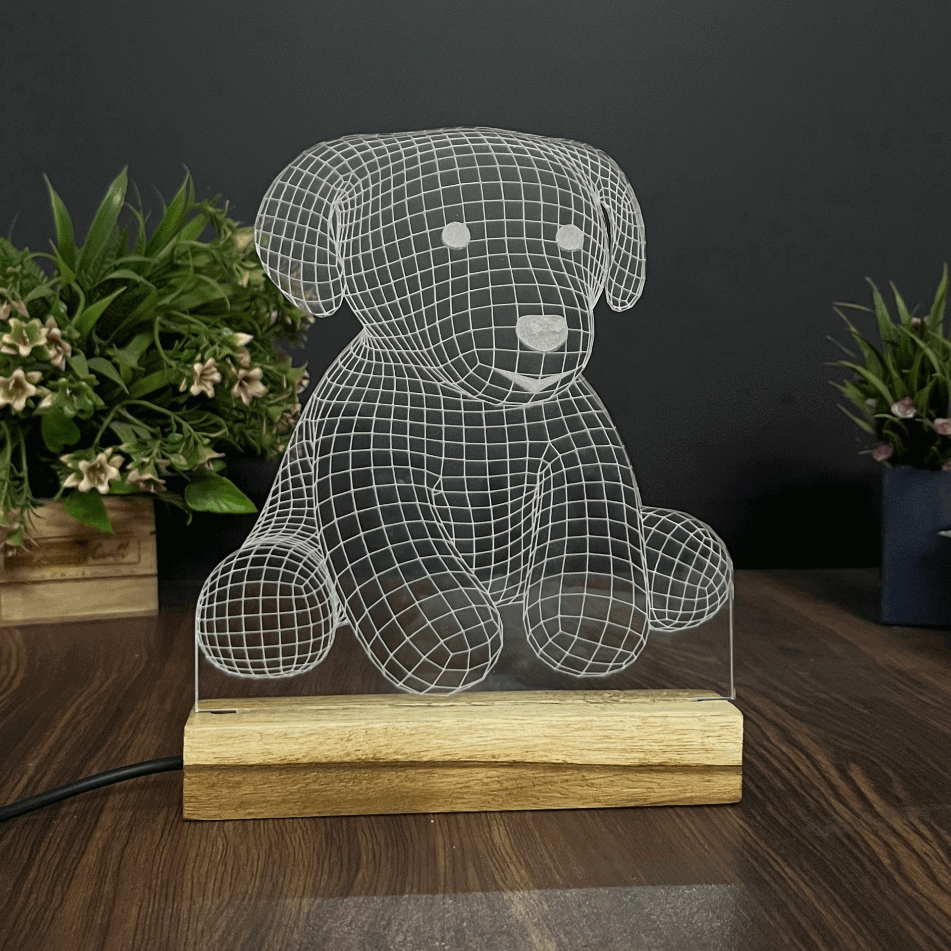 3D Illusion Puppy Night Lamp – Acrylic LED Light with Wooden Base - Harshita Craft