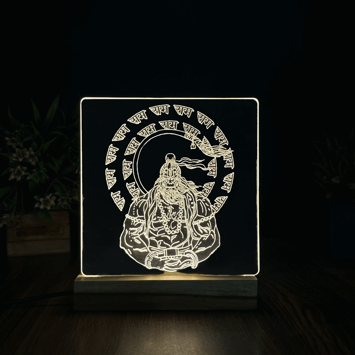 Engraved Acrylic LED Table Lamp with Spiritual Design - Wooden Base