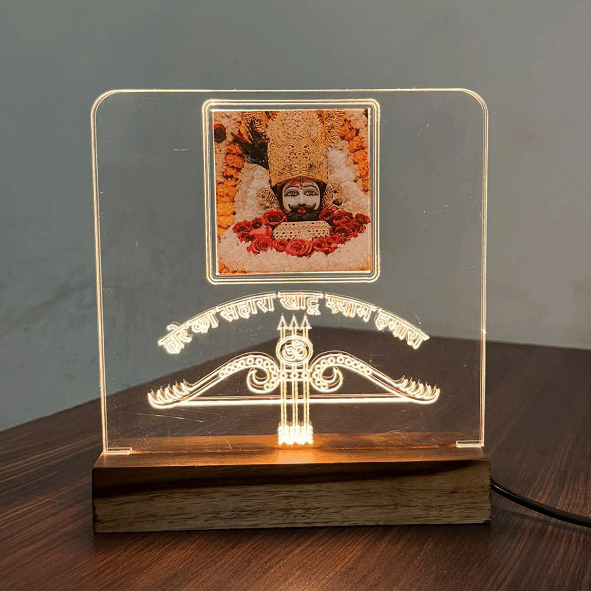 LED Acrylic Table Lamp with Shri Khatu Shyam Ji Design - Wooden Base for Divine Home Decor - Harshita Craft