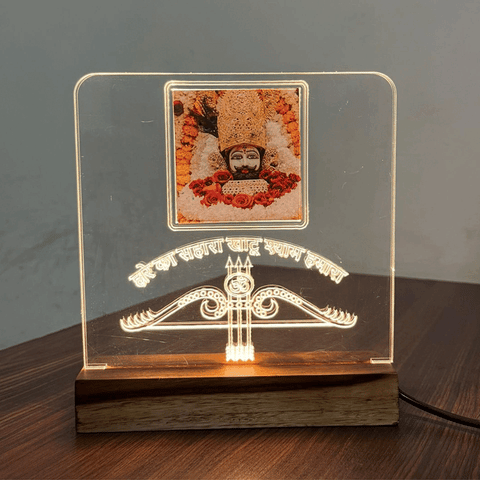 LED Acrylic Table Lamp with Shri Khatu Shyam Ji Design - Wooden Base for Divine Home Decor
