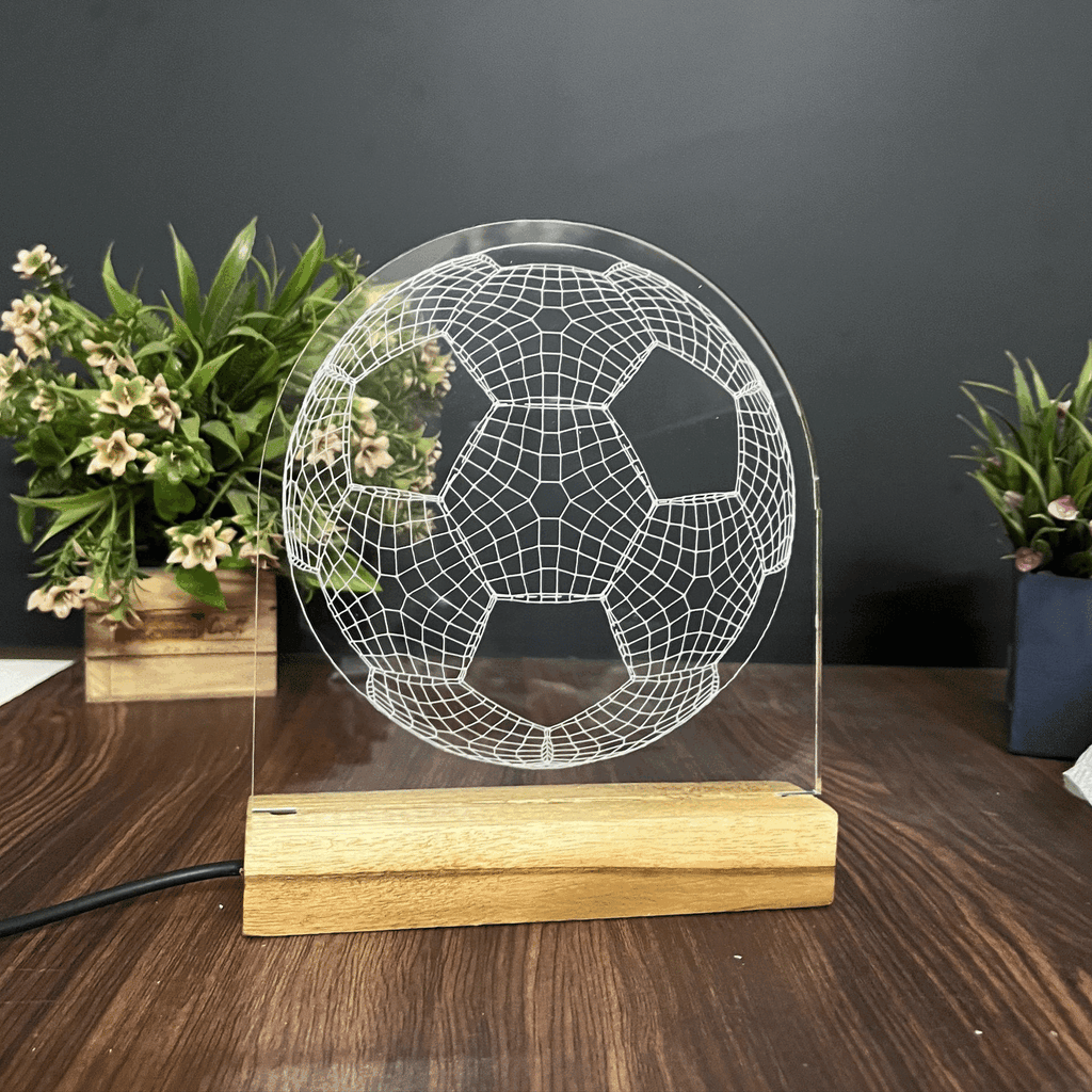 3D Illusion Football Night Lamp – Acrylic LED Light with Wooden Base - Harshita Craft