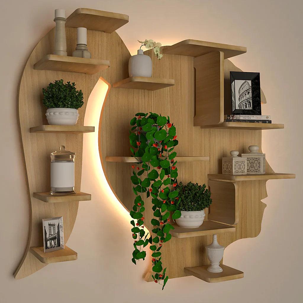 Girl Backlit Designer Wooden Wall Shelf / Book Shelf / Night Light, Light Oak Finish - Decor Mantra 