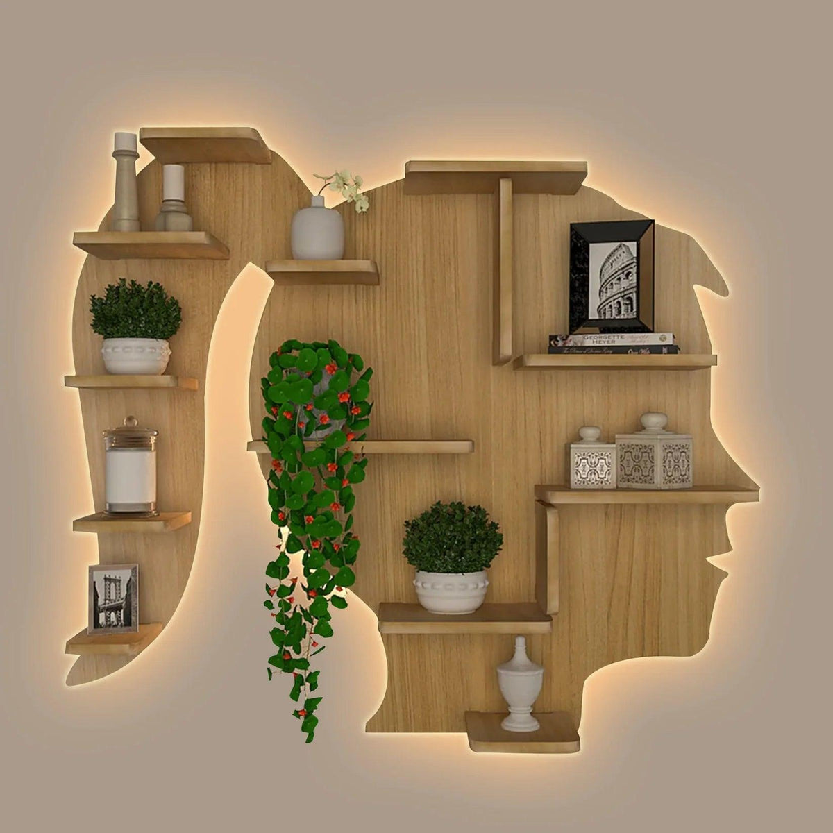 Girl Backlit Designer Wooden Wall Shelf / Book Shelf / Night Light, Light Oak Finish - Decor Mantra 