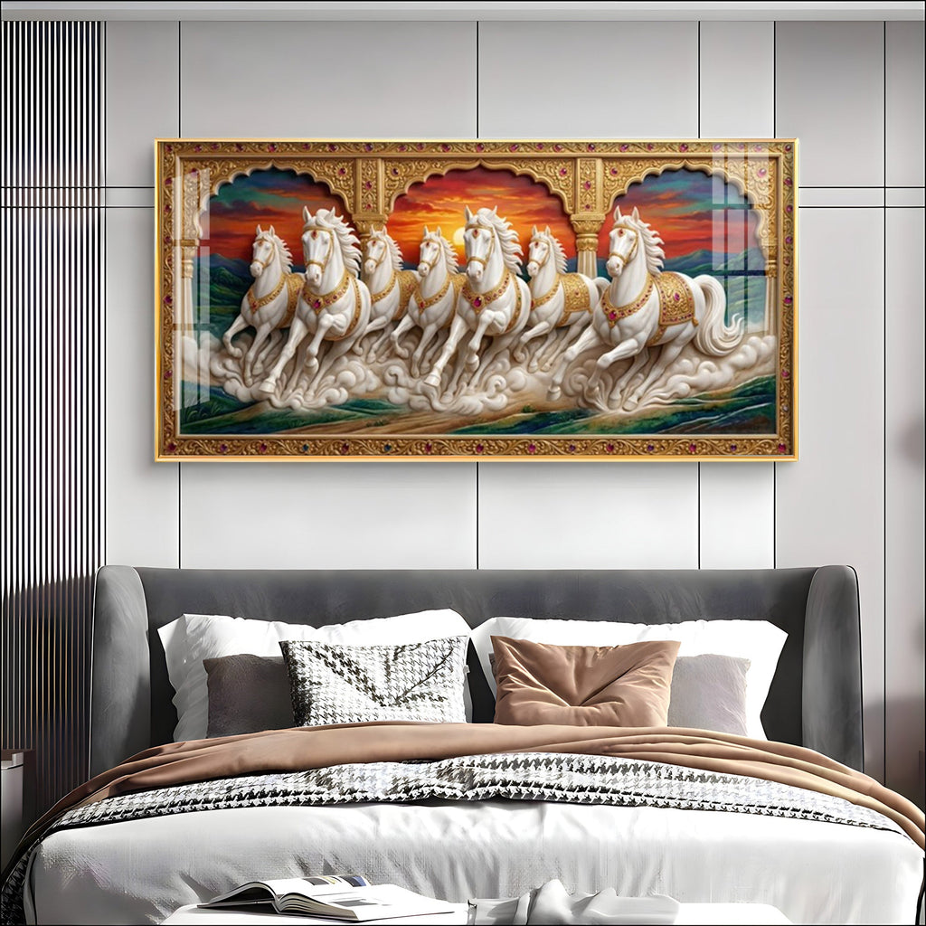 White Running Horses Vastu Glass Finish Horizontal Wall Art