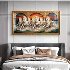 White Running Horses Vastu Glass Finish Horizontal Wall Art