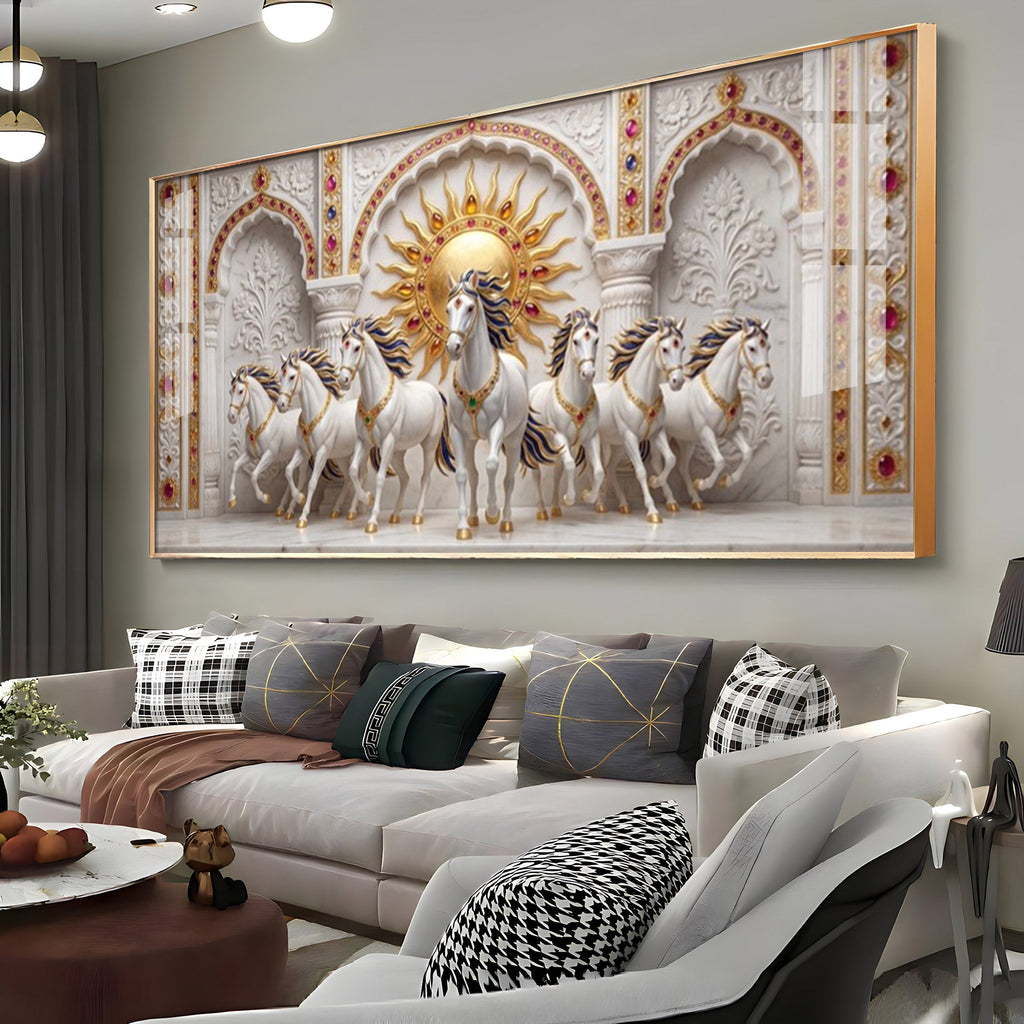 Beautiful White Running Horses Vastu Glass Finish Horizontal Wall Art