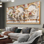 Seven White Horses Vastu Glass Finish Horizontal Wall Art