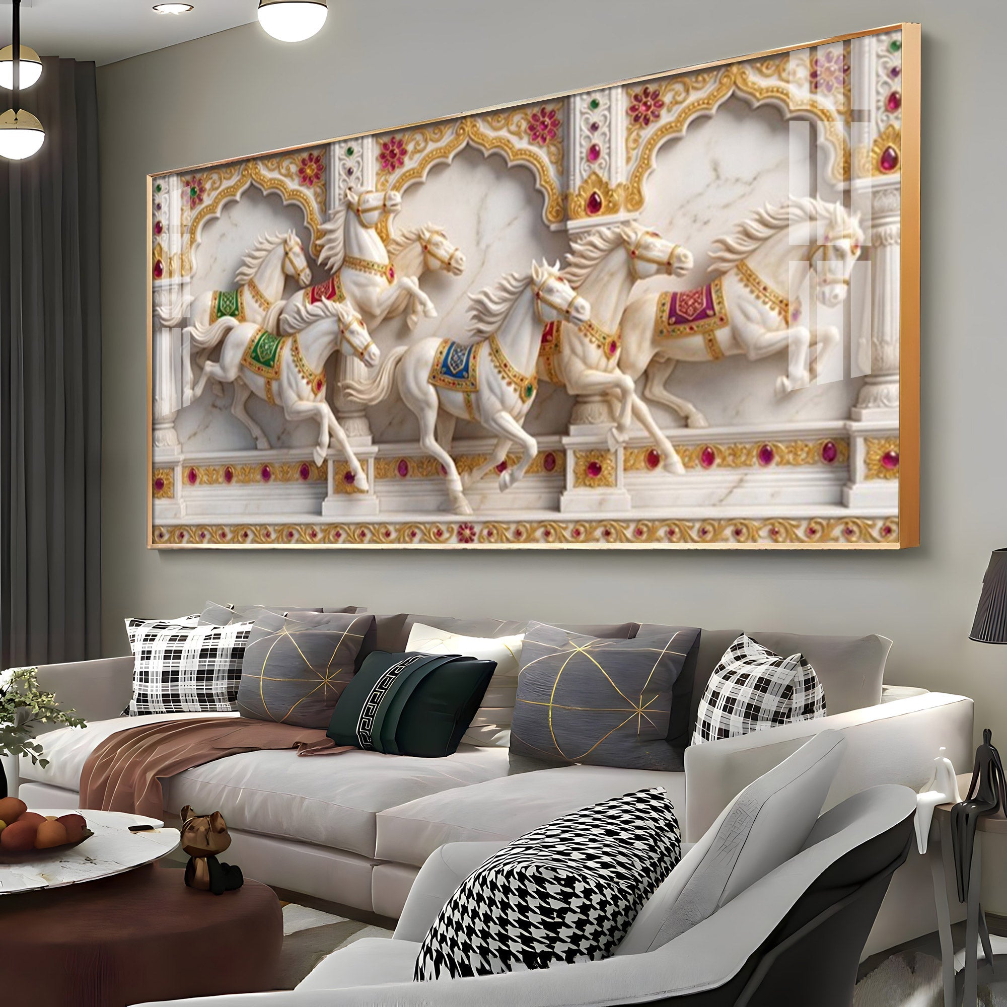 Seven White Horses Vastu Glass Finish Horizontal Wall Art
