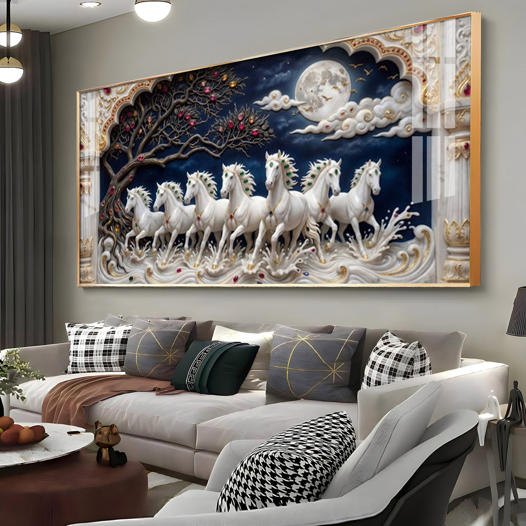 Beautiful Seven White Horses Vastu Glass Finish Horizontal Wall Art