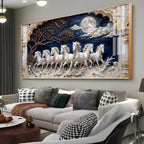 Beautiful Seven White Horses Vastu Glass Finish Horizontal Wall Art