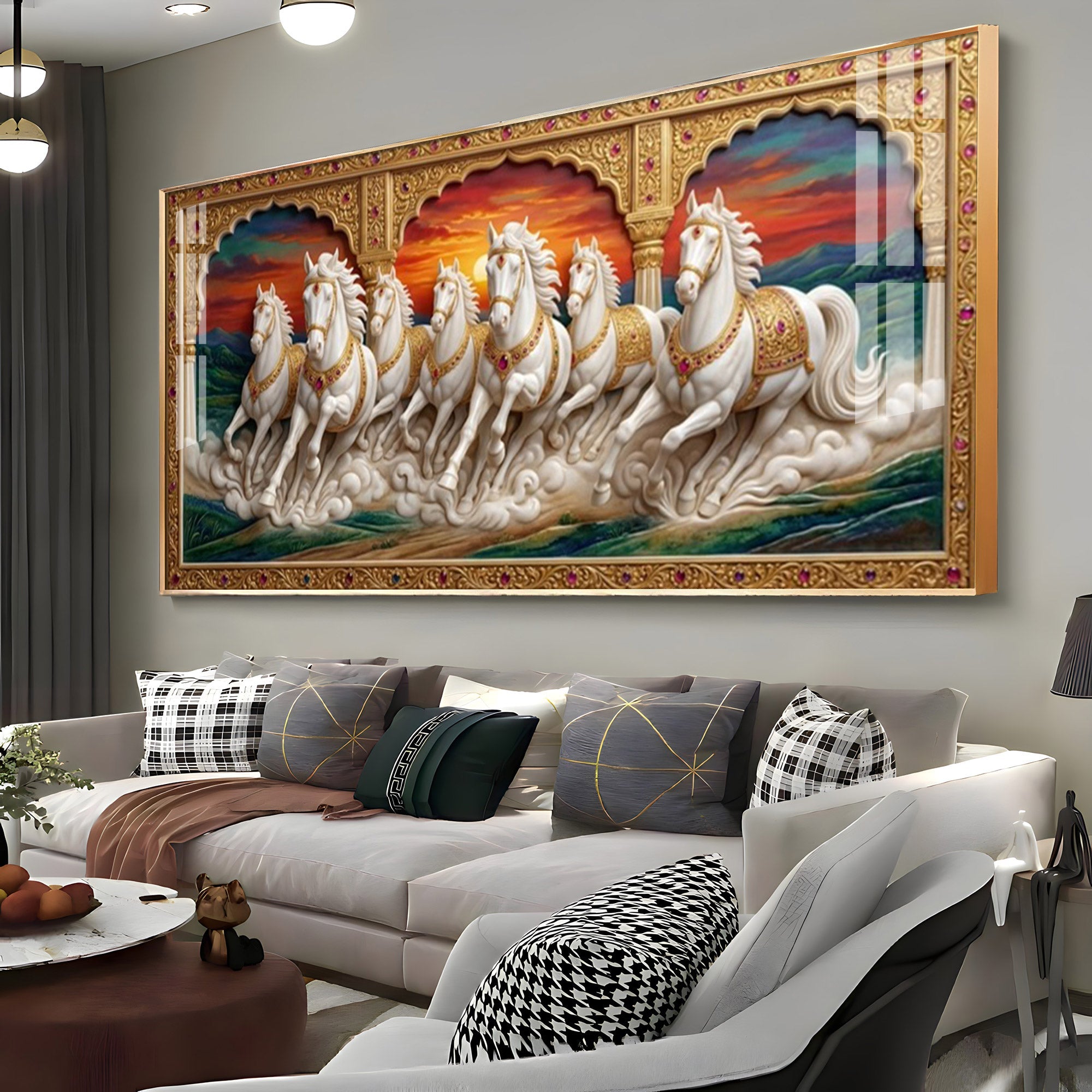 White Running Horses Vastu Glass Finish Horizontal Wall Art