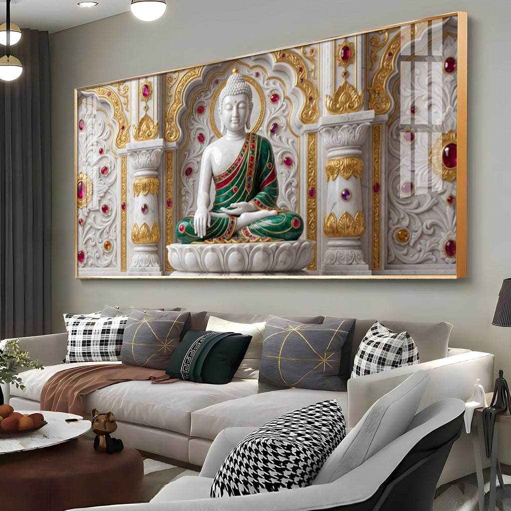 Buddha In Dhyan Mudra Glass Finish Horizontal Wall Art