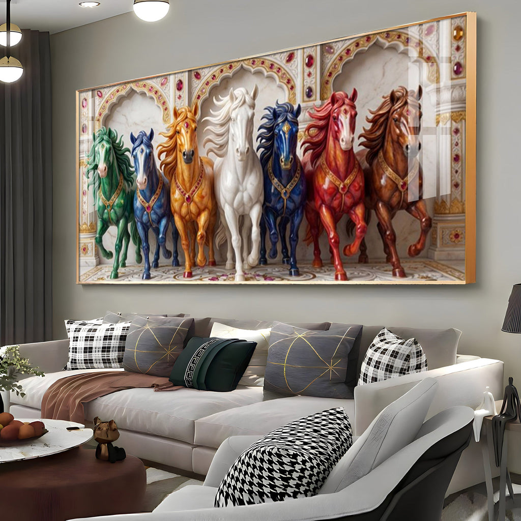 Seven Colorful Horses Vastu Glass Finish Horizontal Wall Art