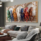 Seven Colorful Horses Vastu Glass Finish Horizontal Wall Art