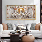 Beautiful White Running Horses Vastu Glass Finish Horizontal Wall Art