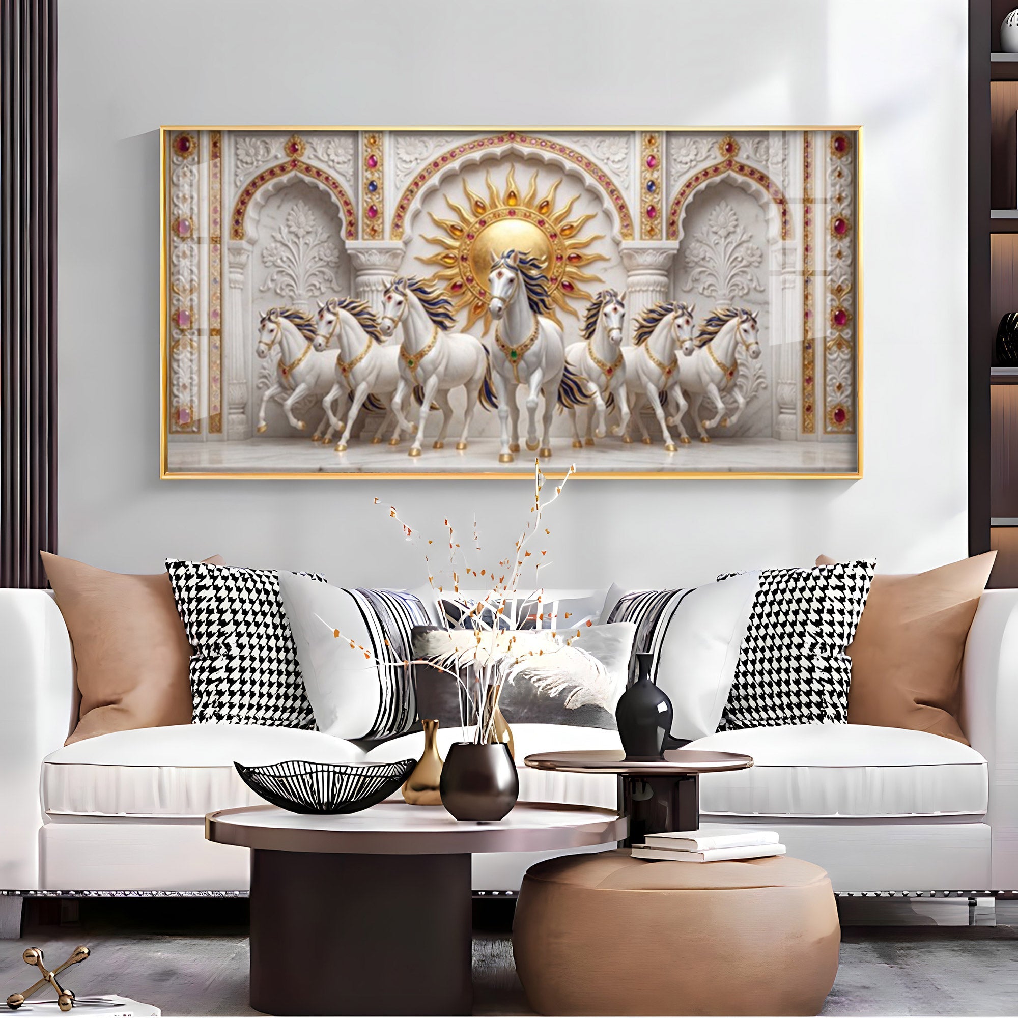 Beautiful White Running Horses Vastu Glass Finish Horizontal Wall Art