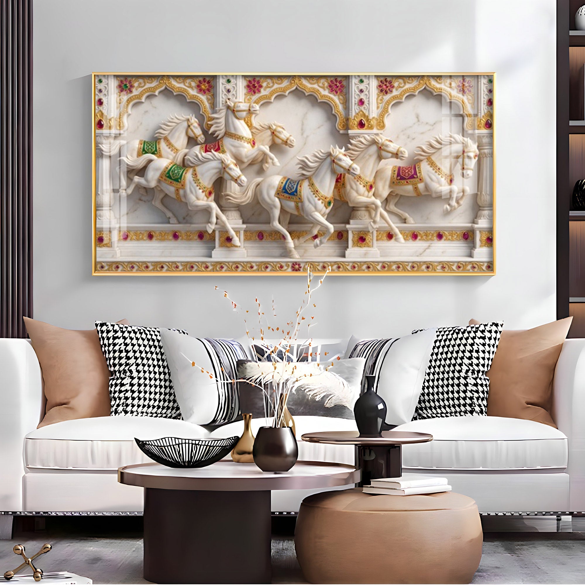 Seven White Horses Vastu Glass Finish Horizontal Wall Art