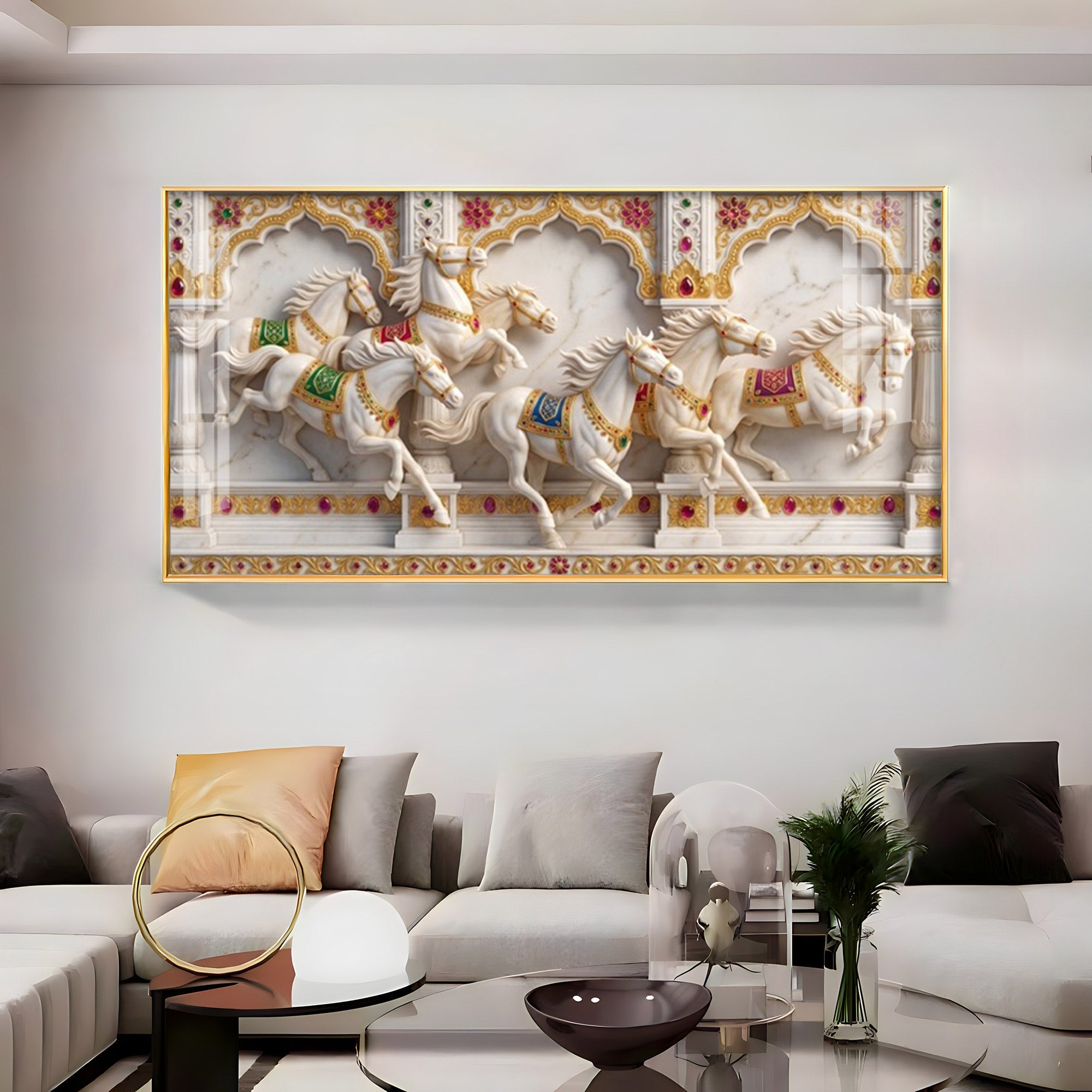 Seven White Horses Vastu Glass Finish Horizontal Wall Art