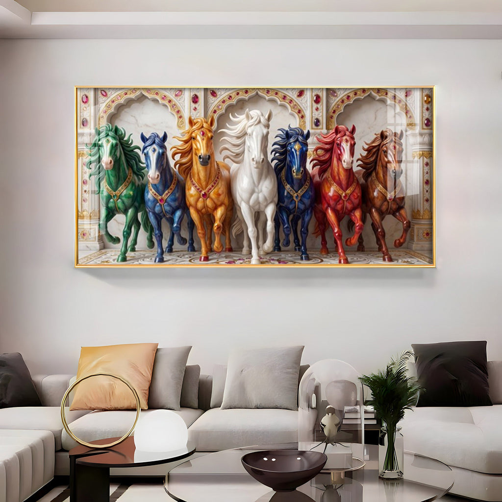 Seven Colorful Horses Vastu Glass Finish Horizontal Wall Art