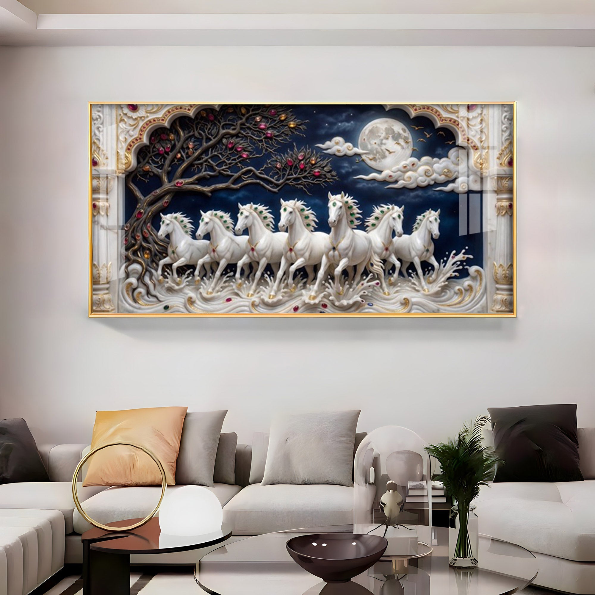 Beautiful Seven White Horses Vastu Glass Finish Horizontal Wall Art
