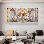 Beautiful White Running Horses Vastu Glass Finish Horizontal Wall Art