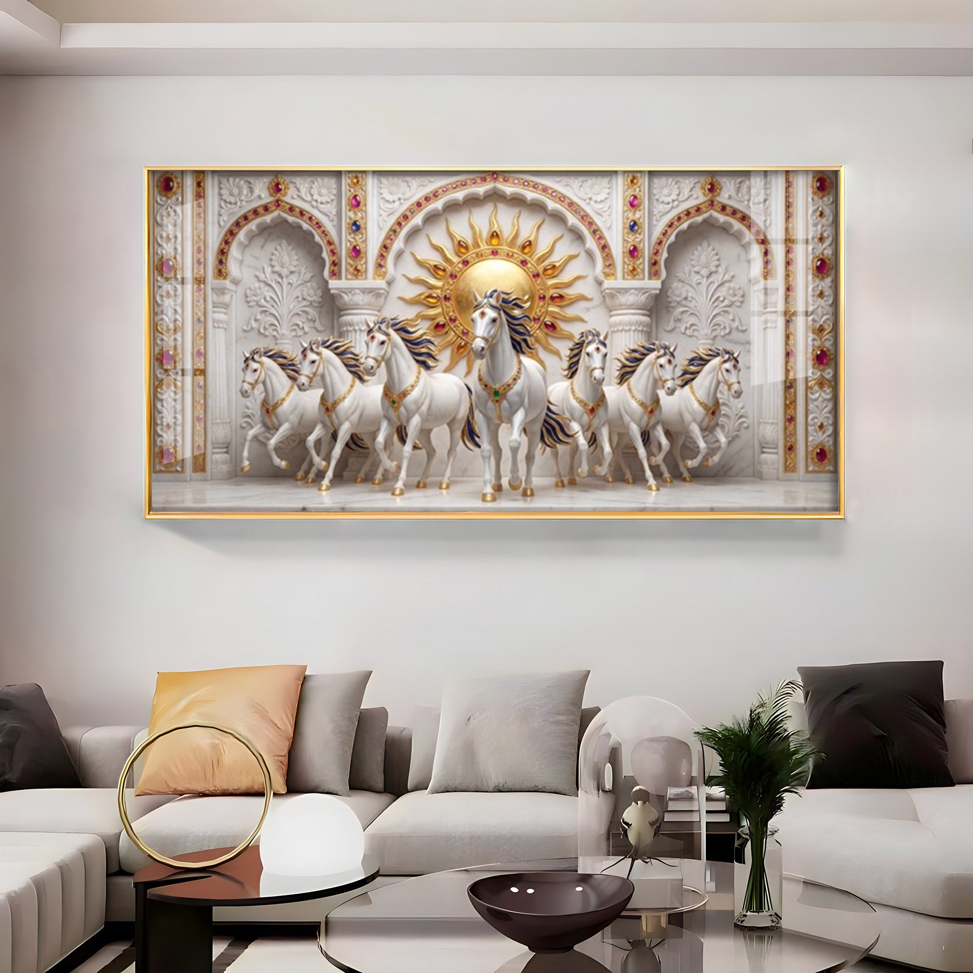 Beautiful White Running Horses Vastu Glass Finish Horizontal Wall Art