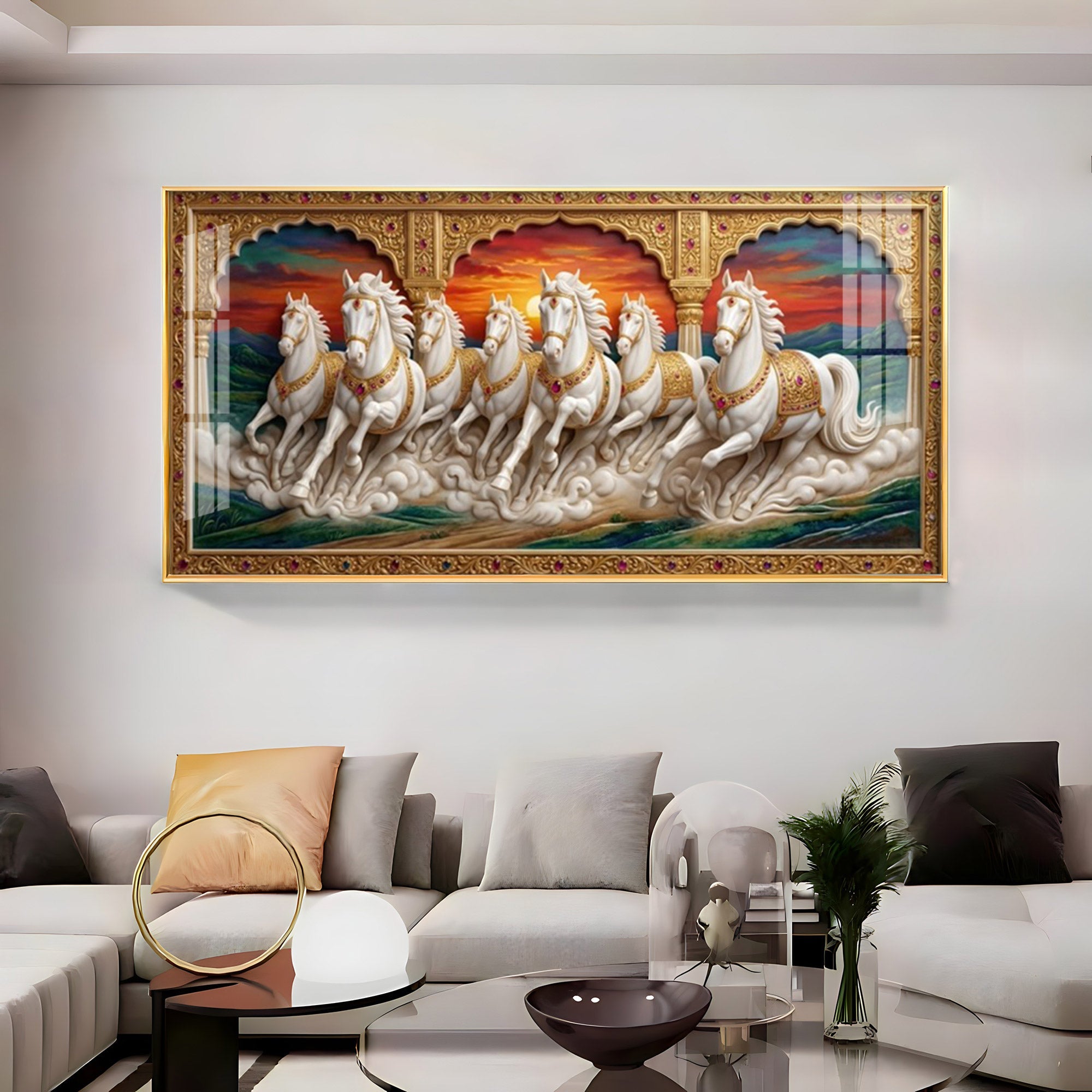 White Running Horses Vastu Glass Finish Horizontal Wall Art
