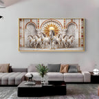 Beautiful White Running Horses Vastu Glass Finish Horizontal Wall Art