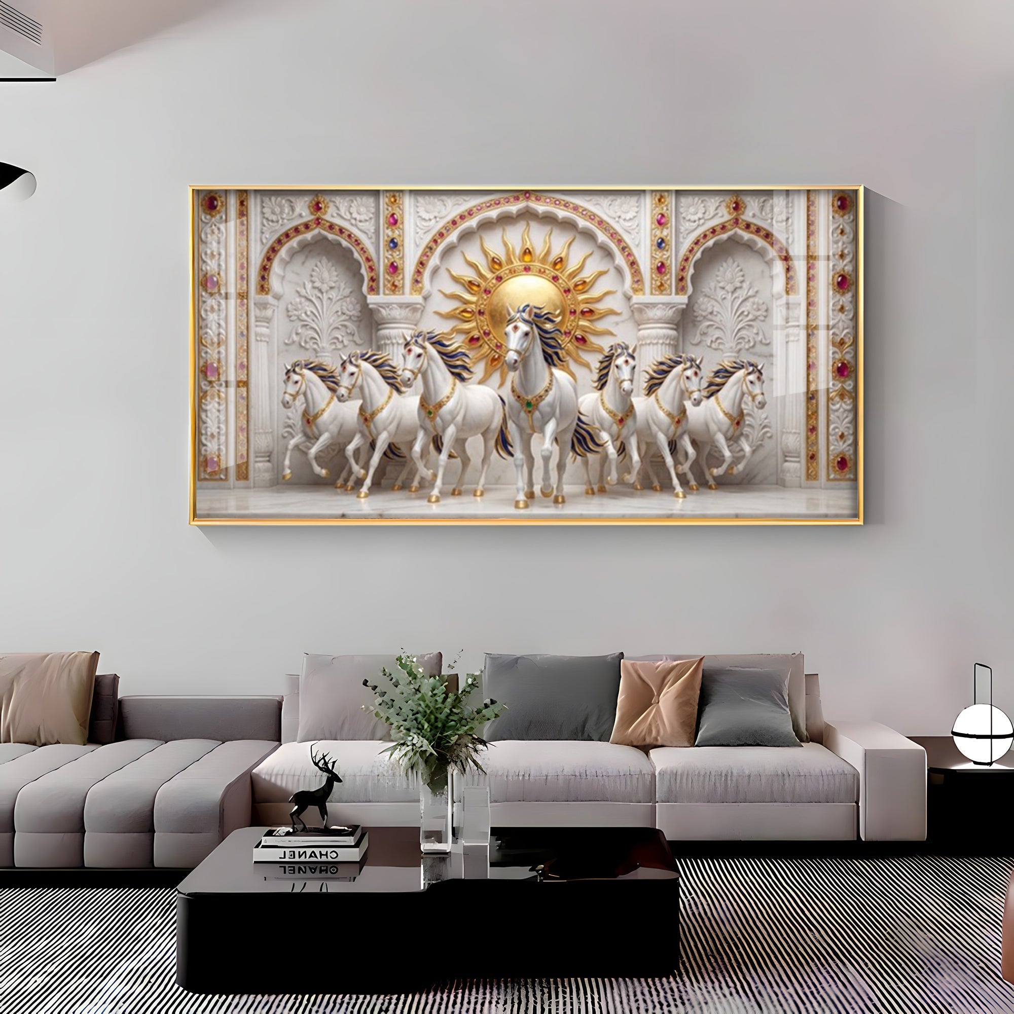 Beautiful White Running Horses Vastu Glass Finish Horizontal Wall Art